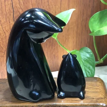 1set Obsidian Negru Sculptat Pisica Cu Mouse-ul Ornament Figurine Cuarț Minerale Naturale Sculptura Vindecare Decor Vrăjitorie Consumabile