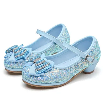 2019 Primăvară Copii Fete Pantofi Cu Tocuri Înalte Pentru Petrecerea Paiete Albastru Roz Sandale De Curea Glezna Pentru Copii De Înaltă Calitate Fata De Nunta, Pantofi