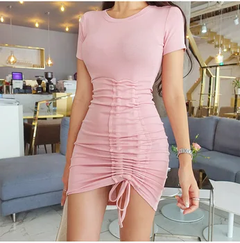 2020 Vara Toamna Ori Noi Femeile coreene Gât Subțire Hip Maneca Scurta de culoare Roz Mini Rochie Sexy Cordon Z422 Imagine 0