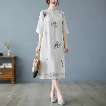 2022 orientală chineză qipao rochie tradițională lenjerie de pat din bumbac rochie qipao femei floare de imprimare cheongsam rochie retro de dans popular rochie