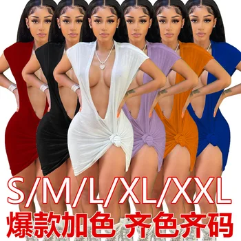 2022 Vara Femei Întuneric Sexy V-neck Culoare Solidă Rochie de Club de noapte Imagine 0