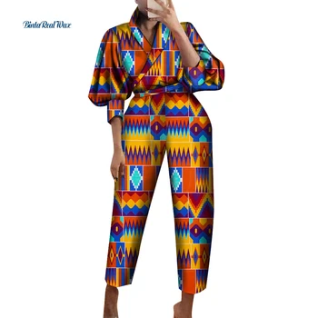 Africa de Haine pentru Femei Top si Pantaloni Seturi Bazin Riche Bumbac Felinar Mâneci Tricouri 2 Bucati Femeile Africane Pantaloni Haine WY914 Imagine 0