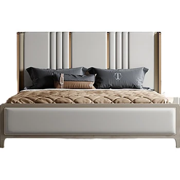 American lumina lux, pat dublu Italian din piele moale pachet de 1,8 m din lemn masiv, pat model proprietar dormitor net red pat de nuntă Imagine 0