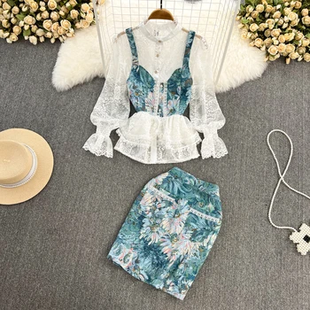 Banulin Pista de Toamnă 3 Piece Set pentru Femei Plasă de Broderie Bluze + Crop Top Vesta + Print Floral Jacquard Fusta Mini Costum Imagine 0