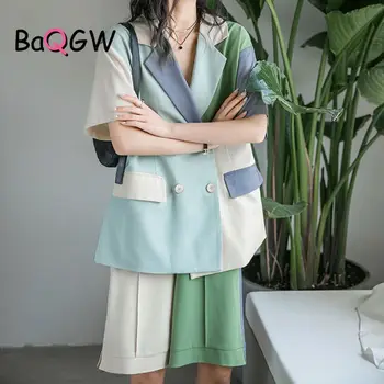 BaQGW Bloc de Culoare de Moda Blazer Coat Breasted Dublu Două Bucata Set pentru Femei, Casual, Office Lady pantaloni Scurți Stil Liber 2ps Utilaje