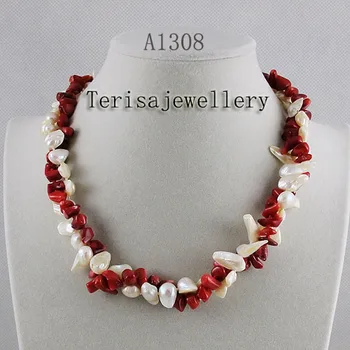 Baroc, Colier de Perle 2Rows Alb Perle de apă Dulce Roșu Coral Colier Handmade Bijuterii de Moda Perfect Lady Cadou Imagine 0