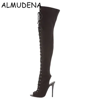 Blugi negri Peep-Top Dantela-up Cut-out Over-the-knee Boot de Moda Casual Sexy D Subțire Pantofi de Înaltă