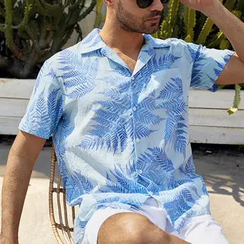 Bărbați Trendy Topuri Cardigan de Culoare Vibrante Hawaii Frunze de Imprimare Guler de Turn-down Topuri de Vara