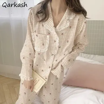 Carouri Pijama Seturi Pentru Femei Kawaii Japonia Stil Dulce De Primăvară De Mujer Butonul De Proiectare Maneca Lunga Fete De Moda Moale Sleepwear Lounge-Uri
