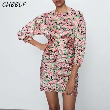 CHBBLF femei retro imprimare florale rochie mini papion maneca trei sferturi fermoar spate feminin rochii elegante vestidos mujer O9562 Imagine 0