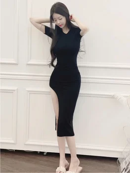 Coreea de 2022 Dulce Primavara-Vara Noi Split Slim Sexy Maxi Lung T Cămașă Rochie Sexy Fierbinte Moda Dulce Topuri Rochii Halat N8VE Imagine 0