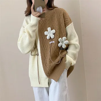 Coreea Moda Îmbinare Tricotate Cardigan pentru Femei O Gât Vrac Maneca Lunga de Toamna Iarna Tricotate Cardigan Casual de Flori Strat Chic Imagine 0