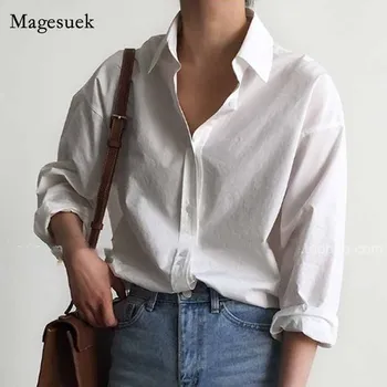 Coreeană OL Stil Liber Doamnelor Topuri 2020 Toamna Bluze din Bumbac Vintage Solidă Cardigan Tricouri Femei Alb cu Maneci Lungi Tricou 10156 Imagine 0