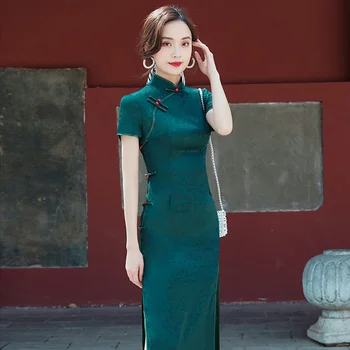 De culoare Verde închis Cheongsam 2022 Nou Elegant High-end Fata Îmbunătățit Vintage Stil Chinezesc Qipao Vara Split Rochie