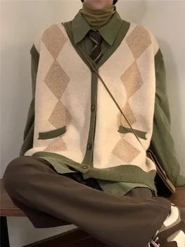 De Iarnă 2022 Bărbați Vintage Liber Pulovere de Lână Vesta Colegiul Stil Cardigan Zăbrele de Imprimare fără Mâneci Tricotat Haine de Moda