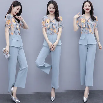 De Vară 2020 Femei Din Două Piese Set Elegant Floare De Imprimare Maneca Scurta Bluza Costume Pantaloni Largi Picior Pantaloni De Costum
