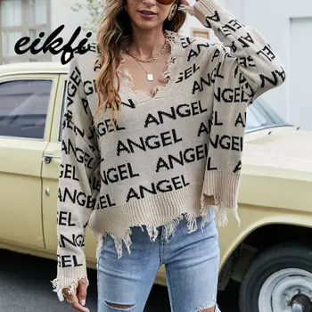 EIKFI Femei Scrisoare de Imprimare Tassle pulover Pulover 2021 Toamna Iarna Birou Doamnelor V Gât Maneca Lunga Casual Topuri Largi de Îmbrăcăminte