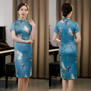 Elegant linie dreaptă de Imprimare de Flori Plus Dimensiune M-5XL Rochie Chinez Raionul Mandarin Guler Cheongsam Epocă Butonul Femei Vestidos