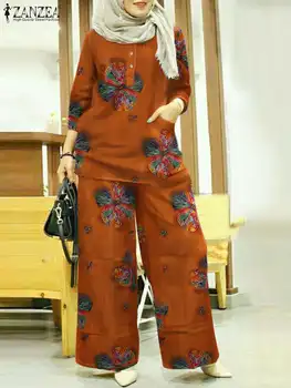 Elegant Tipărite Trening Femei Musulmane Costume ZANZEA Casual Maneca 3/4 Bluze Florale Pantaloni de Potrivire Seturi de Costume Supradimensionate 2 BUC Imagine 0