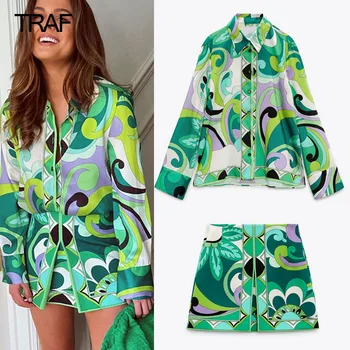Femei Bluze și Cămăși de Primăvară 2022 Feminin Floral Fusta Bluza Set Femeie 2 piese maneca Lunga Destul de Verde Tricou cu Guler Imagine 0