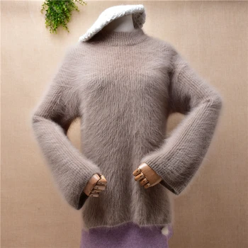 femei toamna iarna cald gros și păros nurca cașmir tricotate o-gat lung flare mâneci pulover vrac jumper pulover trage de sus Imagine 0