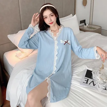 Femei V-Neck Pijamale Cu Maneca Lunga Primăvară Nouă Cămașă De Noapte Din Bumbac Cămașă De Noapte Cu Dantelă Halat De Somn Rochie Casual Pijamale Îmbrăcăminte Acasă