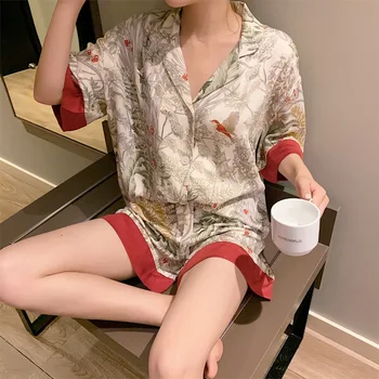 Femei Vara Mătase imprimare set de Pijama cu Maneci Scurte pantaloni Scurți Cardigan rosu casual Uzura de Noapte vrac Homewear Plus Dimensiune sleepwear