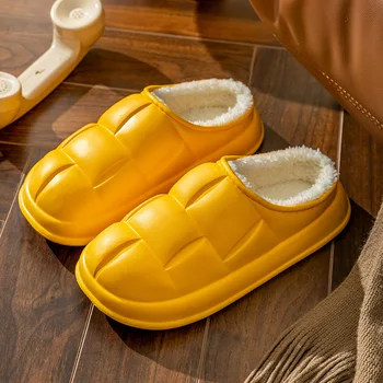 Femeile Omul Bumbac Papuci De Iarnă Caldă Acasă Pantofi De Interior Cu Toc Garnitură De Pluș Îngroșa Etaj Papuci De Casă Detasabila Non-Alunecare Rezistent La Apa