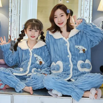 Flanel Fete Părinte-copil Pijama, Plus Catifea Groasă Coral Fleece Casual Pijama Calde din Două piese, Haine de Iarnă pentru Femei