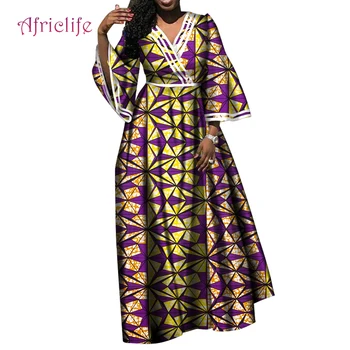 Flare Sleeve Africane Rochie Lady Primăvară Toamnă Lungă perioadă de Modele de Moda V Guler 100% Bumbac Îmbrăcăminte WY4710