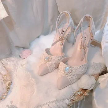 Francez Elegant Stil Retro Cosplay Lolita Pantofi Pentru Fete Tea Party Dantela Superba Perla Gem de 5-8cm Subliniat Pantofi cu Toc Înalt