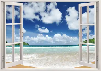 Frumoasa plajă decalcomanii de perete fereastra 3D, plaja perete decal, colorate sunny beach cer acoperit de nori vinil autocolant perete, pictura murala cer nori mur Imagine 0
