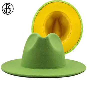 FS 60CM Verde Galben Refuz Mozaic Femei Bărbați Margine Largă Lână Simțit Pălării Fedora Panama Jazz Capace de Petrecere Cowboy Trilby Jucător Pălărie