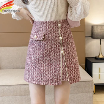Gri Sau Roz de Lână Fusta Femei 2021 Toamna Iarna Nou-veniți Stil coreean Talie Mare Butoane O Linie Fuste Cu Garnitură de faldas