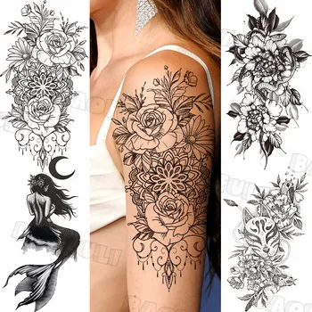Henna Neagră A Crescut Mandala Cu Flori Tatuaje Temporare Pentru Femei Adulte Sirena Tatuaj Fals Autocolant Personalizat Sexy Tatuaje Coapsei Braț