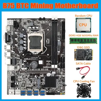 HOT-B75 USB BTC Mining Placa de baza+PROCESOR+Ventilator+DDR3 4GB 1600Mhz RAM+SSD 128G+Cablu SATA LGA1155 8XPCIE la USB B75 BTC Bord
