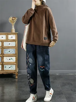 Iarna Coreea Moda Punk Streetwear Femei Haine Imprimate Albastru Cald Blugi Vintage Denim Pantaloni De Blană, Pantaloni Harem Pantaloni Imagine 0