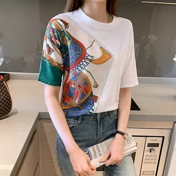 Imprimare de moda Mozaic Alb T-shirt cu Maneci Scurte pentru Femei Îmbrăcăminte de Vară 2021 Nou Temperament Versatil Casual Tricouri Topuri