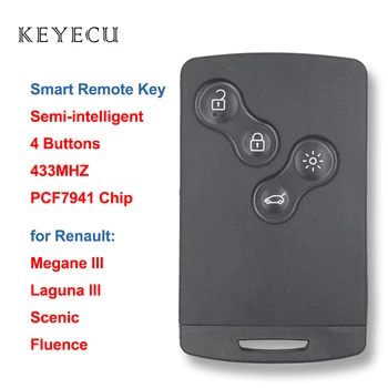 Keyecu Semi-inteligent de la Distanță Inteligent de Card-Cheie 4 Butoane 433MHz PCF7941 Chip pentru Renault Megane Laguna III 3 Pitoresc Fluence