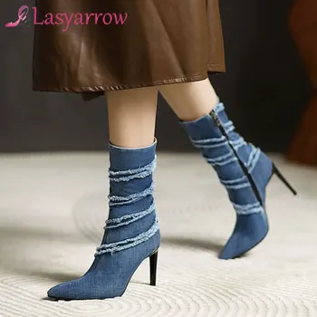 Lasyarrow Moda Denim Glezna Cizme De Toamna Cizme Pentru Femei Super Sexy Cu Toc Botine Subliniat Toe Fermoar Femeie De Iarnă Cizme Pantofi