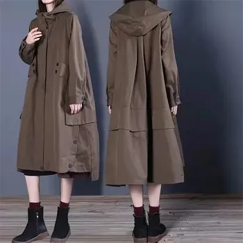 Leneș Stil Liber Palton Casual Solid Vintage cu Gluga Mid-lungime Șanț Jacheta de Moda pentru Femei Jacheta Buzunar Maneca Lunga Imagine 0