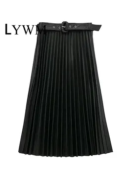 LYWM Femei de Moda PU Solid Plisata Fusta Midi Vintage cu Talie Înaltă Feminin Chic Lady Fuste Mujer Utilaje Imagine 0