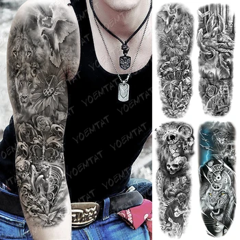 Mari Bratul Tatuaj Pădure Înger Lup Leu Impermeabil Tatuaj Temporar Autocolant Crown Craniu De Arta Corp Complet False, Tatuaj Femei Bărbați