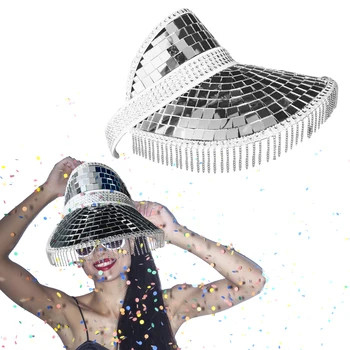 Minge Disco Cu Capace Retractabil Disco Ball Pălărie Cu Retractabil Oglindă Sclipici Capace Cu Bila Pentru Petrecere De Dans Disco Nunta De Vacanță