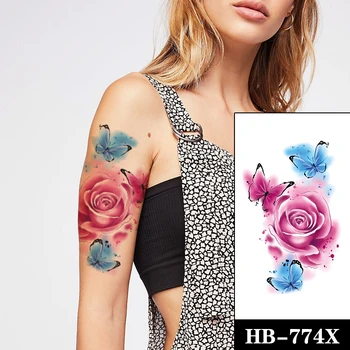 Moda Acuarelă Tatuaj Temporar Autocolant Flori Roz Tatuaje Cu Fluturi Tatuaje Impermeabile Femei Brațul De Arta Corp Sexy Tatuaj Fals
