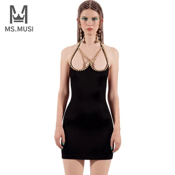 MSMUSI 2022 Noua Moda Femei Sexy Negru Halter Cristal Dantelă-Up fără Mâneci fara Spate Bodycon Rochie Mini Eveniment Sărbători Vestidos Imagine 0