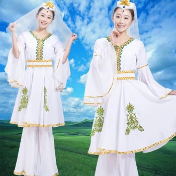 Naționale Uygur Costume de Dans Etapă purta Femei Xinjiang Dansatoare seturi de îmbrăcăminte albă de Performanță rochie