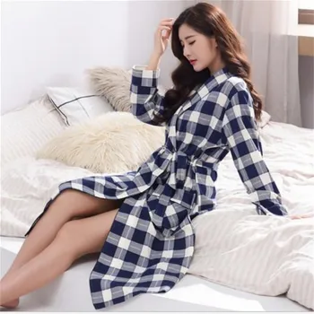 Noi Doamnelor Maneca Lunga camasa de noapte de Primăvară și Toamnă Lungă Pijamale din Bumbac de Calitate pentru Femei Zăbrele Stil Halat de baie Feminin Uzura Acasă