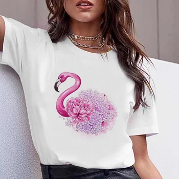 Noi Flamingo frumusete tricou femei hipster moda Harajuku Maneci Scurte t-shirt Alb, Potrivit pentru toate anotimpurile Tricou Topuri haine Imagine 0