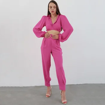 Noi francez de Moda de Îmbrăcăminte pentru Femei Bubble Sleeve Expuse Buric Design Sentiment Mici Pantaloni Picior Temperament Tinuta Casual Set Imagine 0